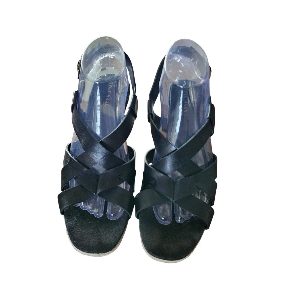 Cole Haan Grand OS Black Leather Espadrille Wedge Sandals Criss Cross 8.5B